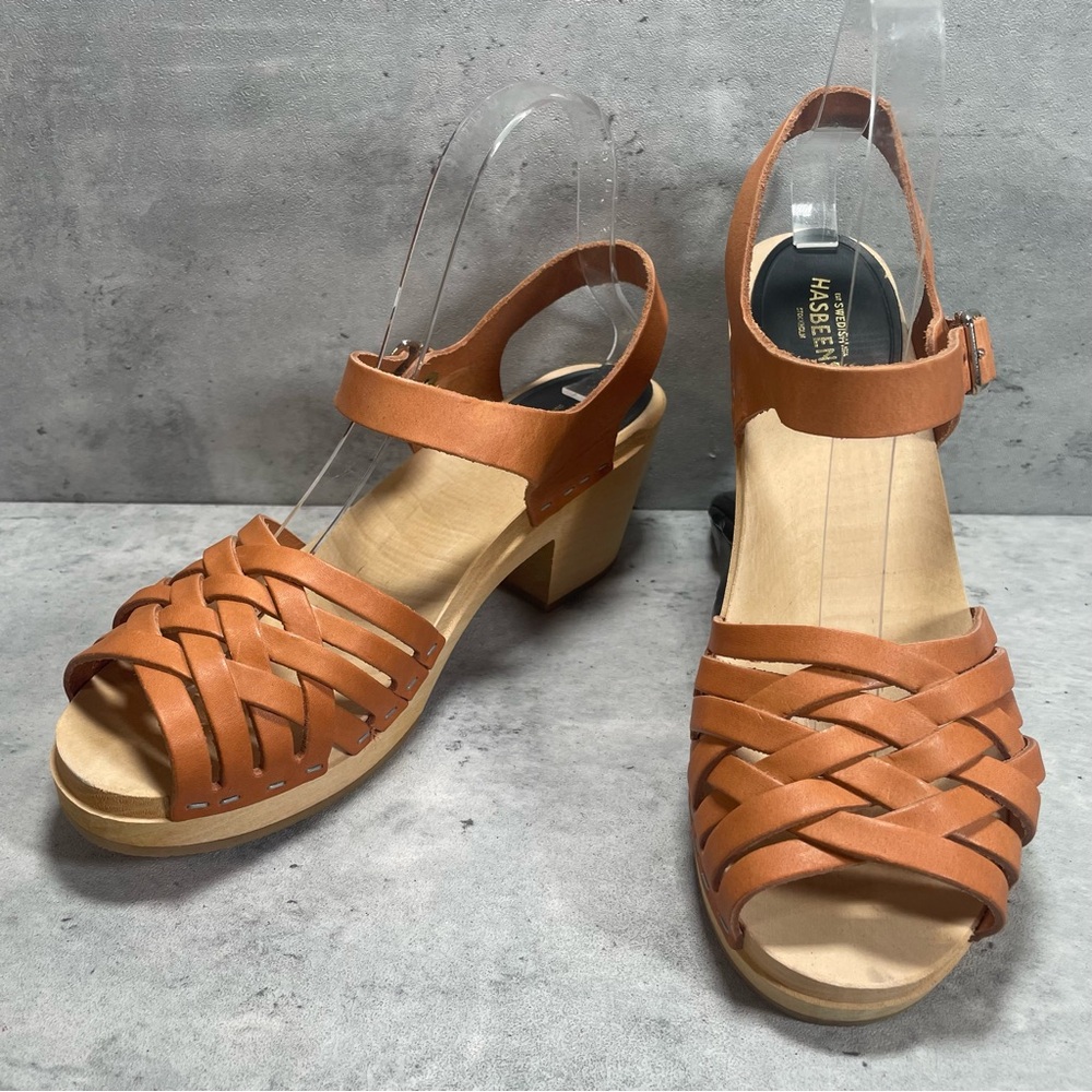 Swedish Hasbeens Cognac Leather Woven Sandals